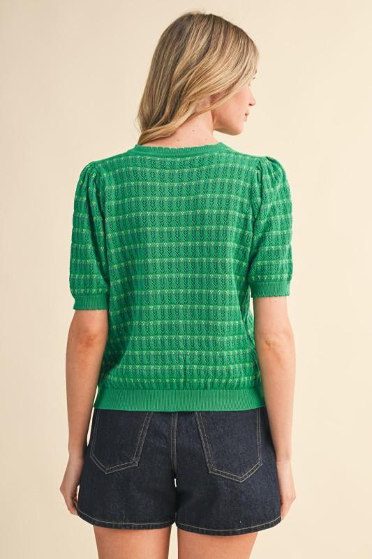 Pointelle Short Puff Sleeve Button Down Sweater