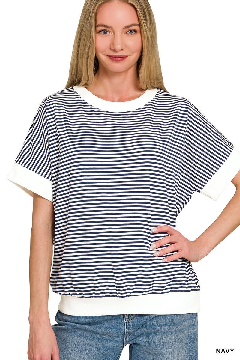 Stripe Contrast Trim Rib Banded Top