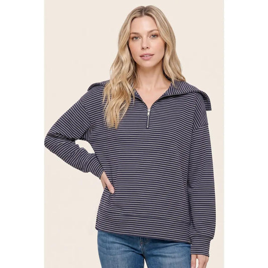 Half Zip Spread Collar Striped Top