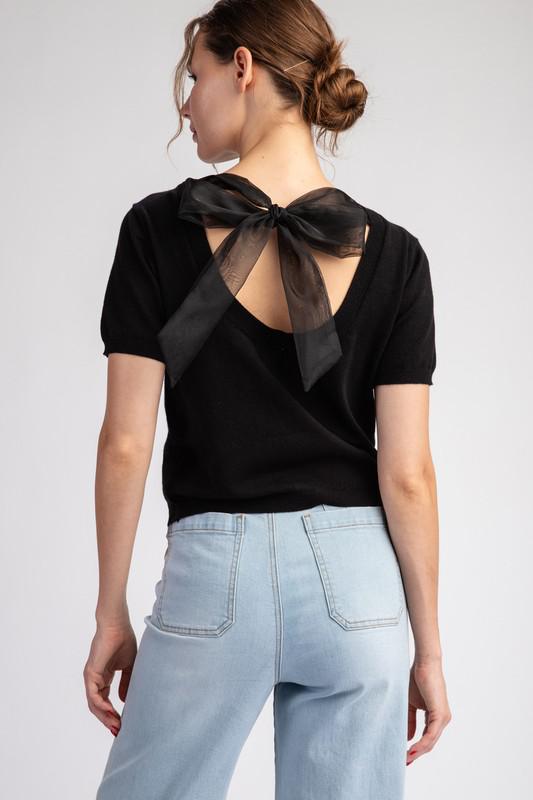 Mesh Bow Short Sleeve Sweater