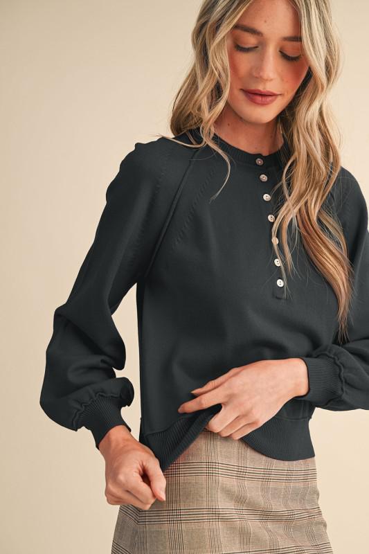 Puff Sleeve Henley Shell Button Sweater