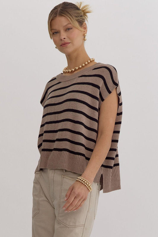 Striped Round Neck Short Sleeve Sweater - Mocha