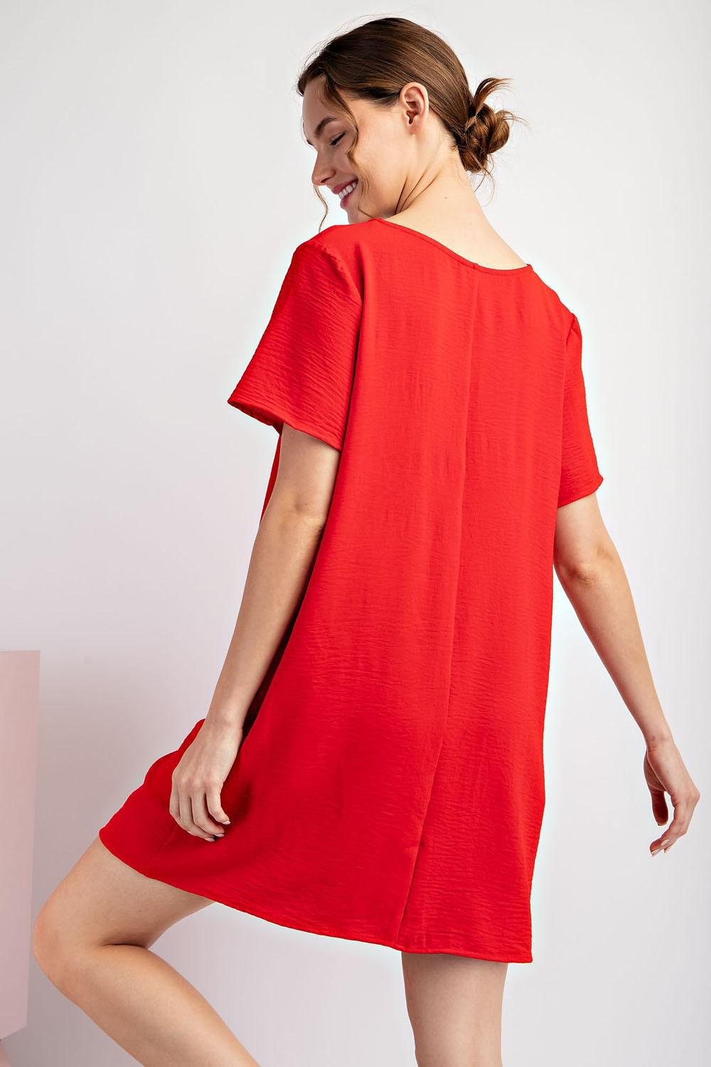 Solid Short Sleeve V-Neck Dress