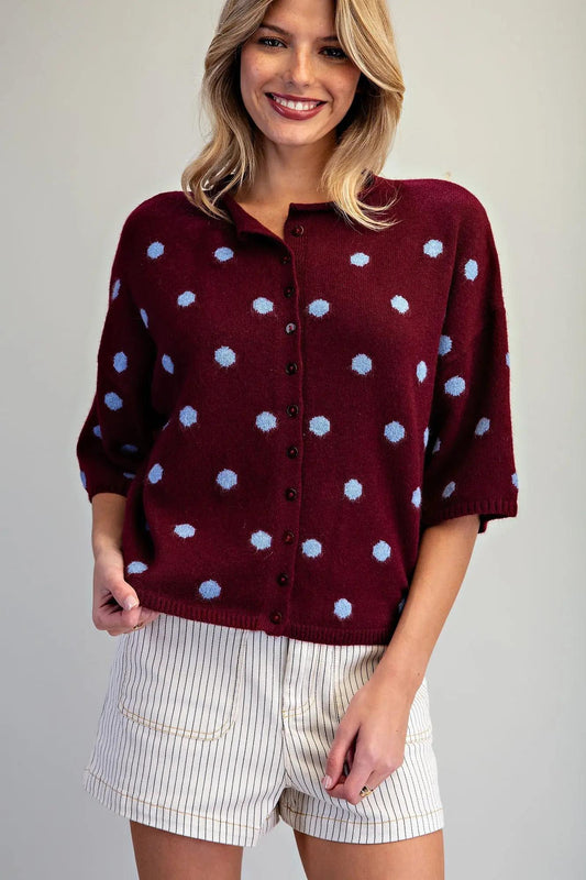 Polka Dot Short Sleeve Knit Cardigan