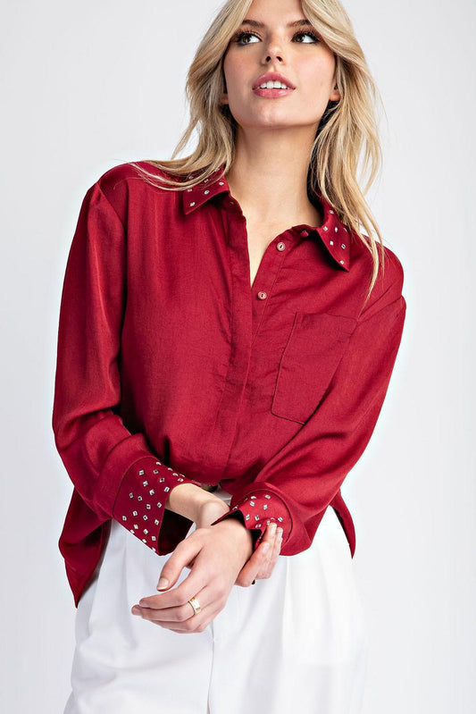 Studded Button Down Blouse-Wine