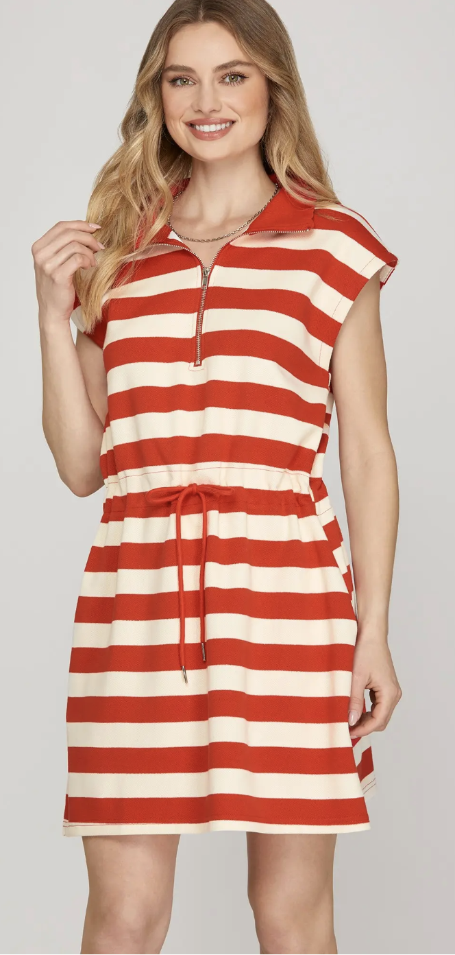 Stripe Drawstring Collard Dress