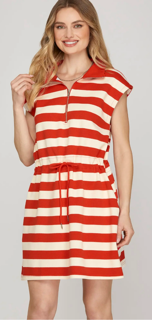 Stripe Drawstring Collard Dress