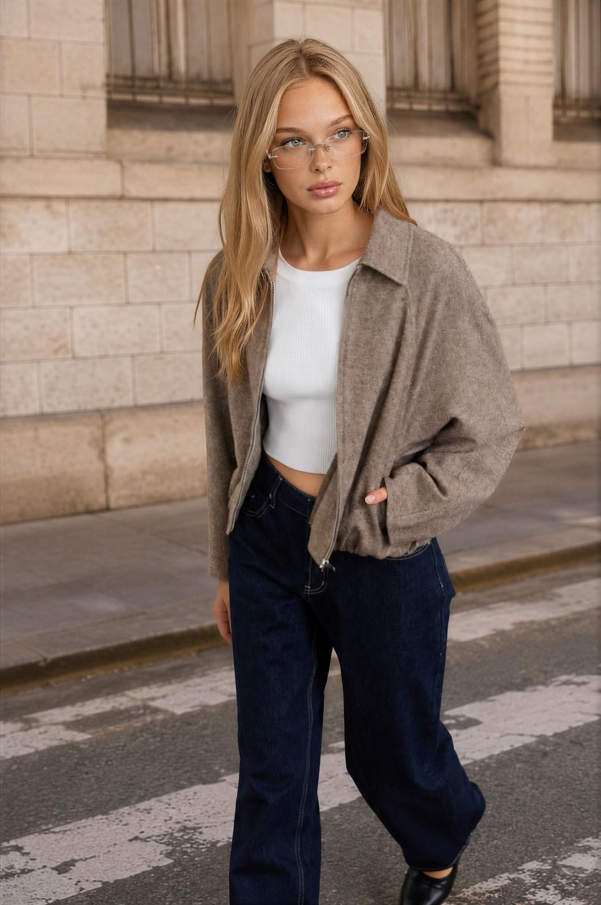Raglan Zip-up Cropped Balloon Hem Jacket
