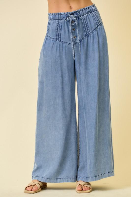 Denim Pleats Detail Button Closure Wide Leg Pants