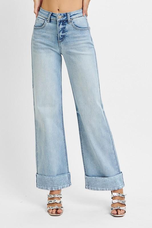 Risen TC High Rise Ankle Wide Cuffed Jeans-Light Wash