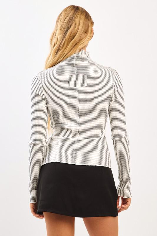 Striped Mock Neck Long Sleeve Rib Knit Top