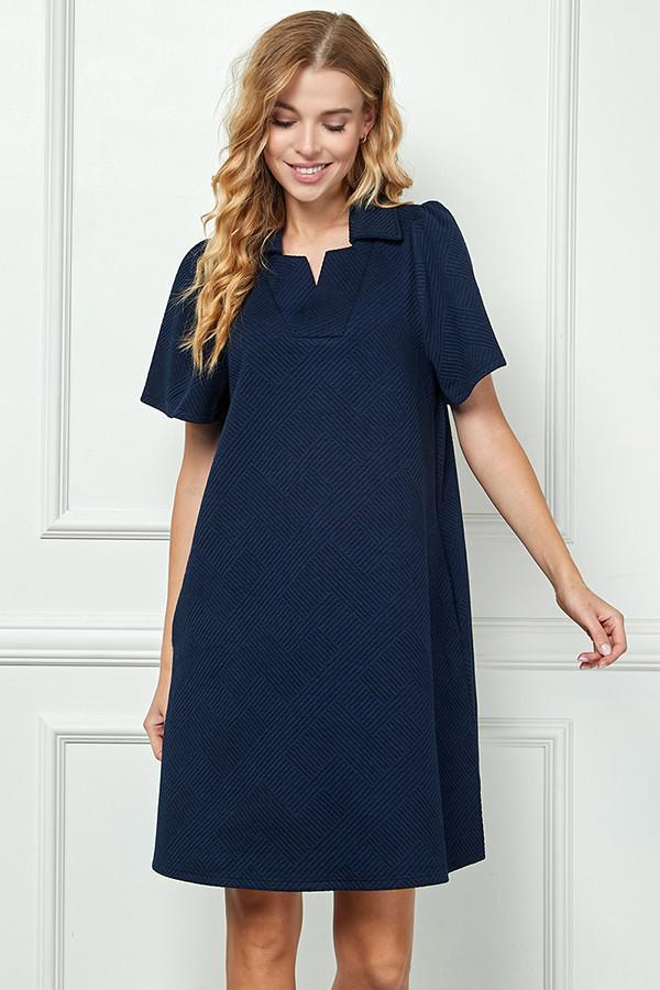 Navy Collared Textured Dress