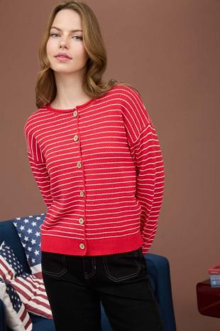 Stripe Button Down Raw Edge Knit Cardigan-RED