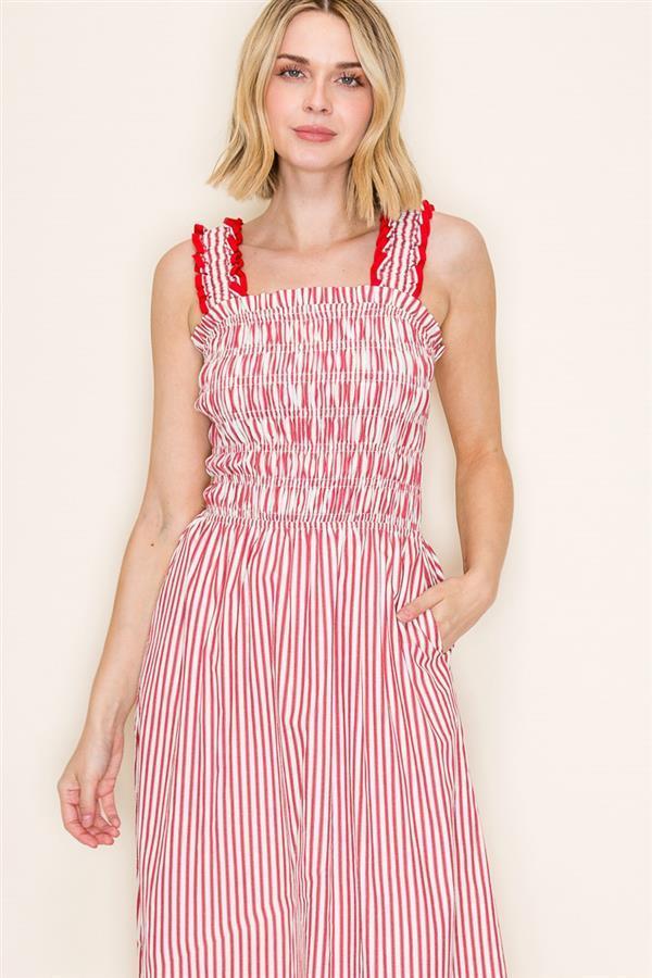 Elastic Ruffle Smocked Midi Dress