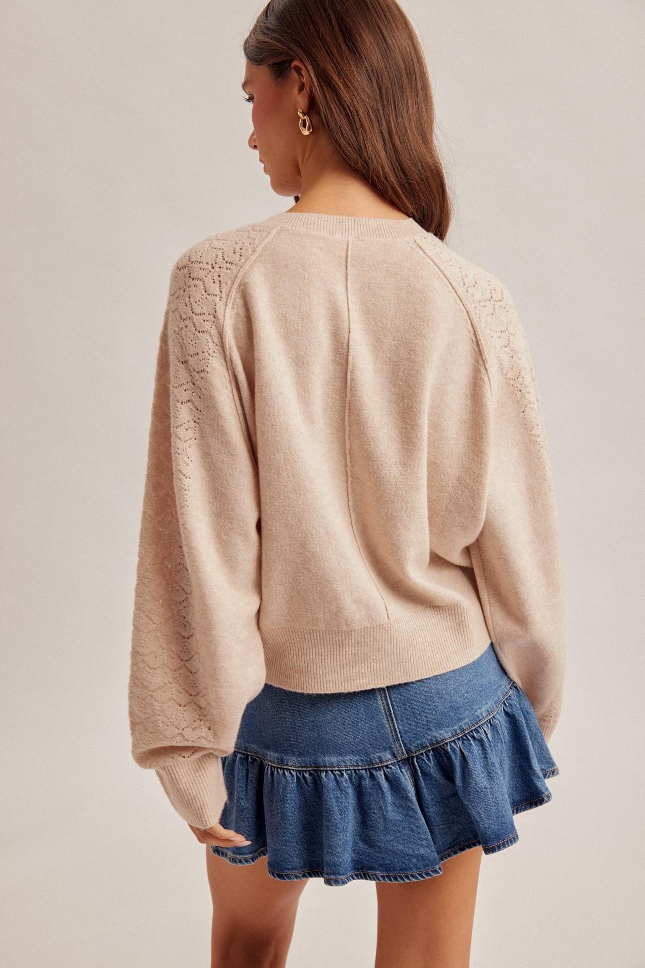 Lace Textured Sleeve Henley Sweater