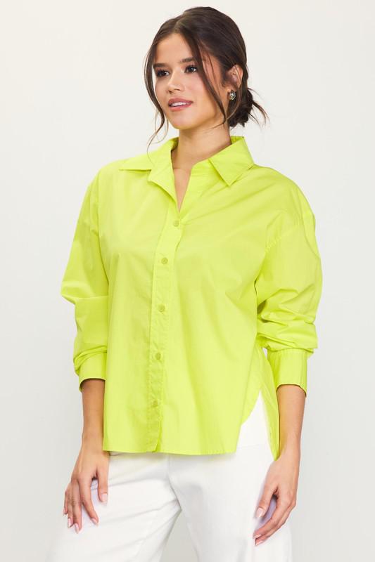 Poplin Long SLeeve Button up-Lime