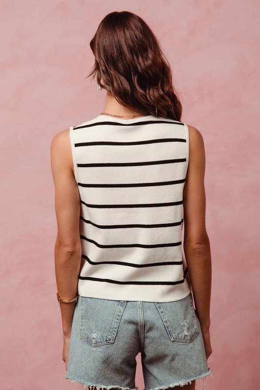 Button Front Stripe Fine Sweater Sleeveless Top