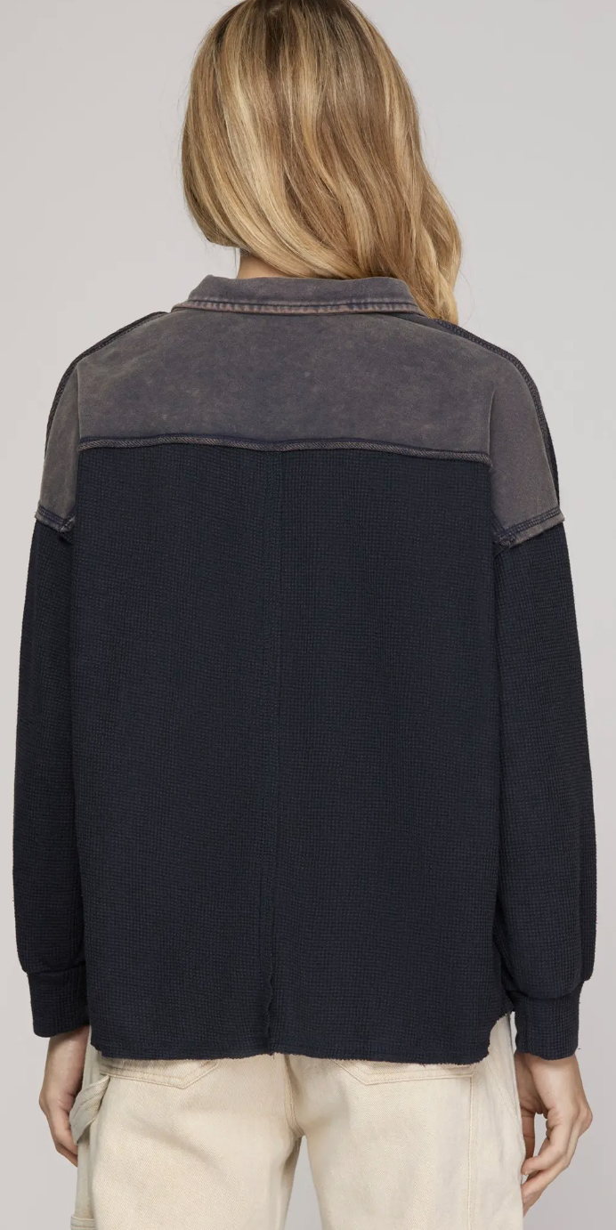 Waffled Knit Long Sleeve Henley