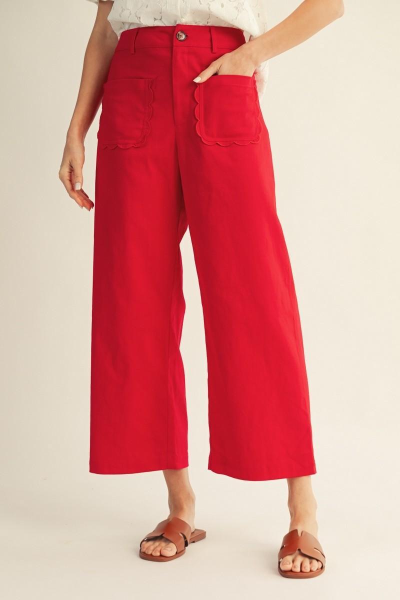 Scallop Edge Pocket Detail Wide Leg Pants