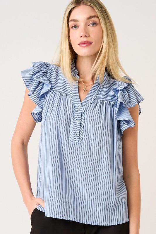 Striped Short Ruffle Sleeve V-neck Blouse