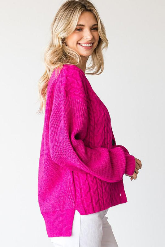 Solid Color Cable Knit Patterning Button Cardigan - Fuchsia