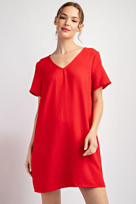 Solid Short Sleeve V-Neck Dress