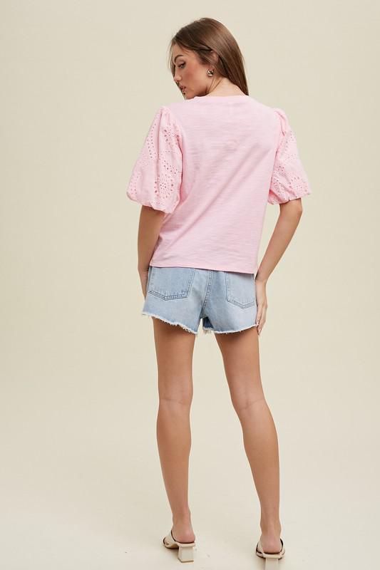 Eyelet Balloon Sleeve Knit Top- Pink