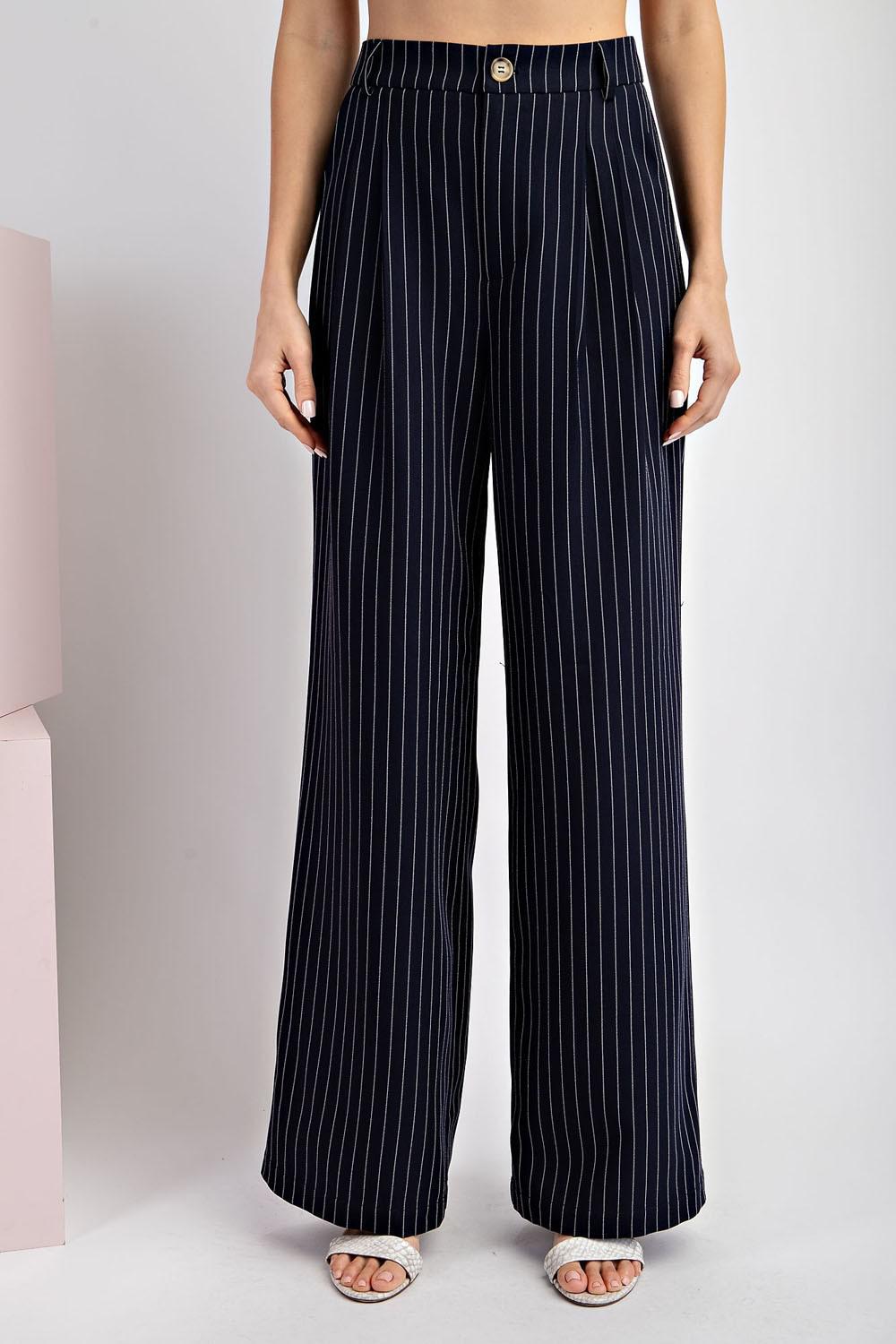 Pinstriped Straight Leg Pants - Navy