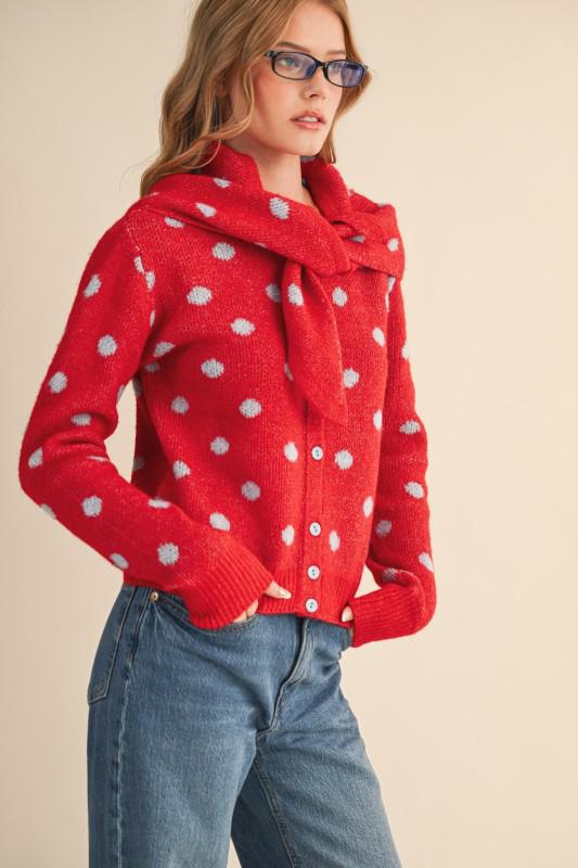 Polka Dot Sweater Cardigan With Detachable Scarf