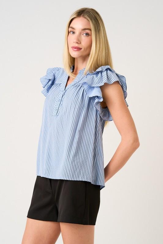 Striped Short Ruffle Sleeve V-neck Blouse