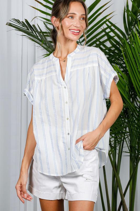 Henley Short Roll-up Sleeve Pin-Striped Shirt