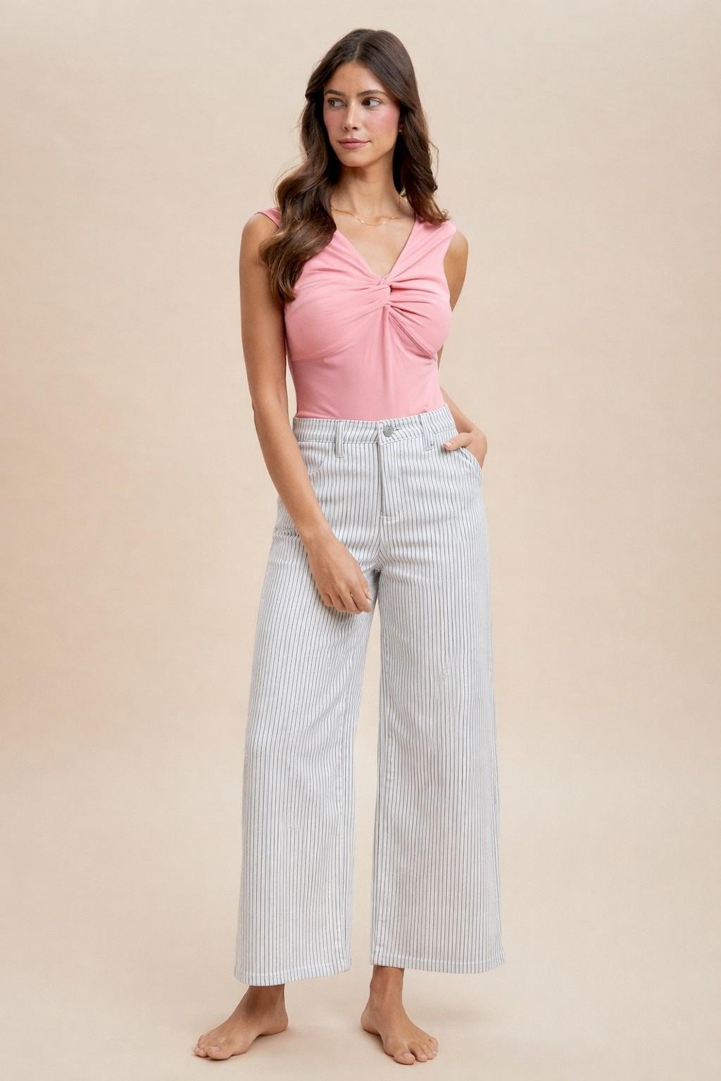 Stretch Cotton Striped Straight Leg Pants