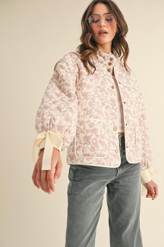 Floral Quilted Jacket With Bow Tie Ribbon Detail