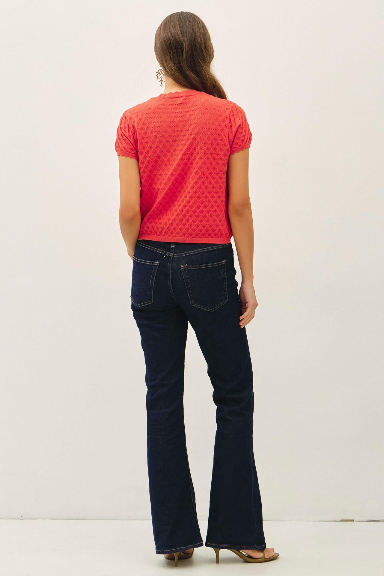 Pointelle Stitch Scalloped Short Sleeve Cardigan