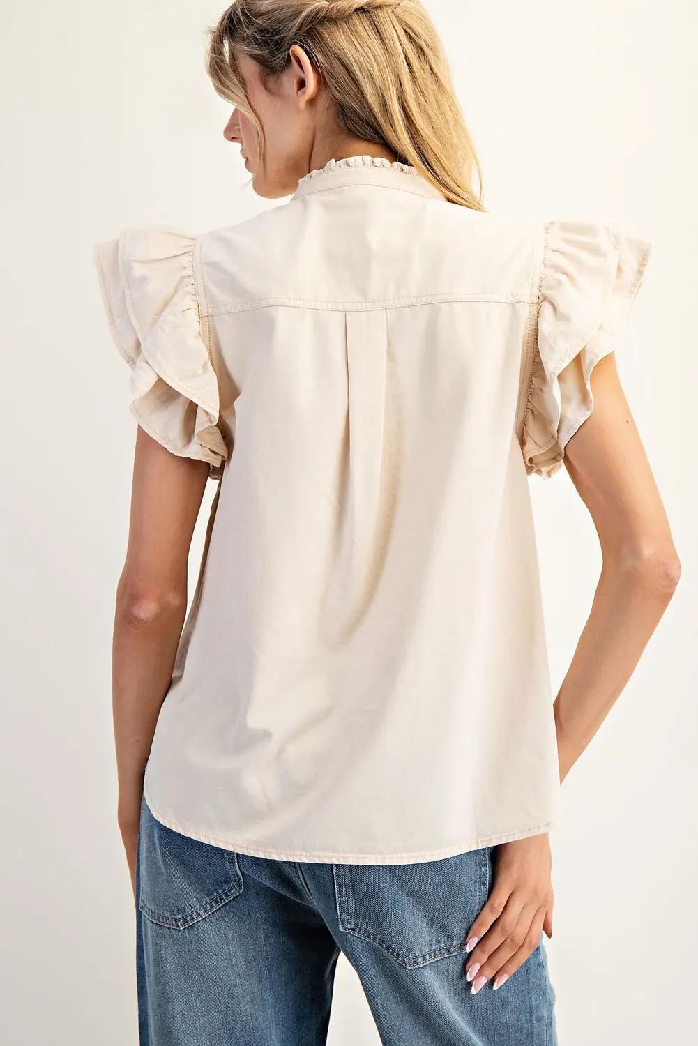 Washed Ruffle Trim Flutter Sleeve Blouse