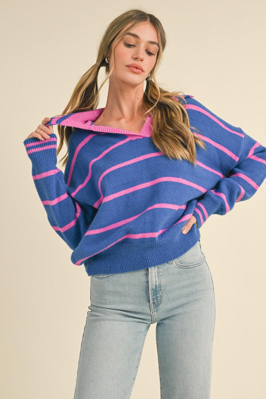 Striped Collared Sweater - Pink & Blue