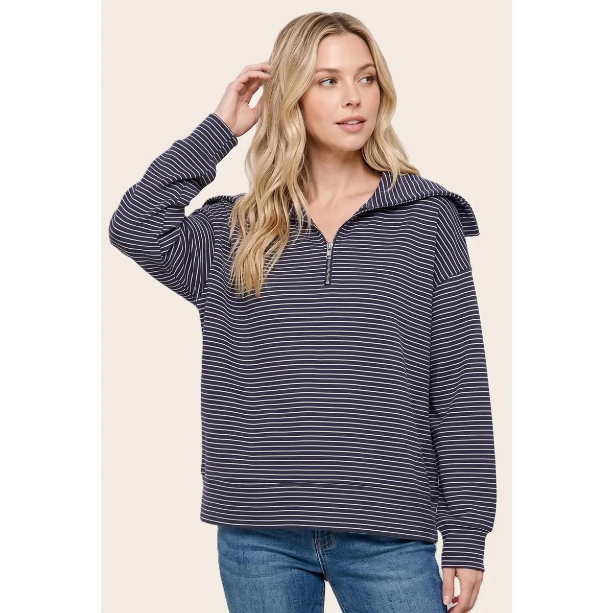 Half Zip Spread Collar Striped Top