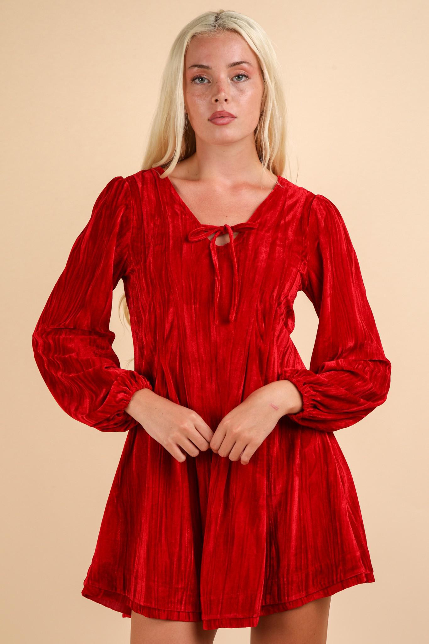 Front Ribbon Velvet Holiday Mini Dress - Red