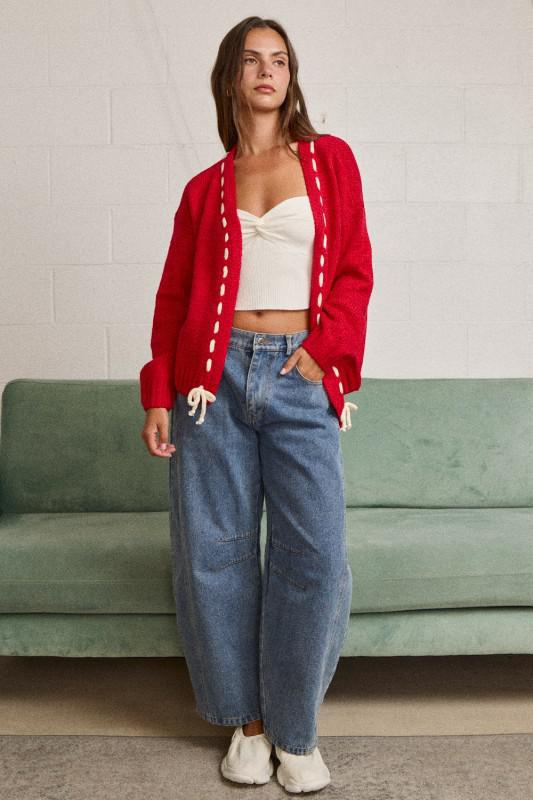 Contrast Stitch Open-Front Cardigan