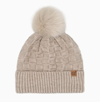 Woven Checkered Pom Stocking Hat - Beige