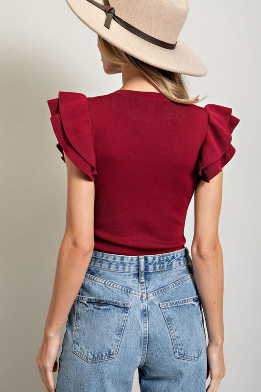 Ruffle Sleeve Bodysuit-Merlot