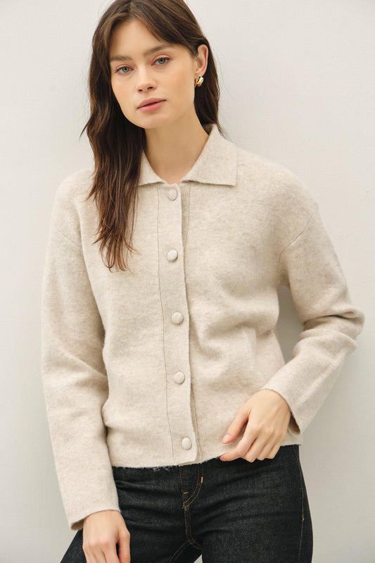 Wool Blended Collared Button Up Sweater Jacket