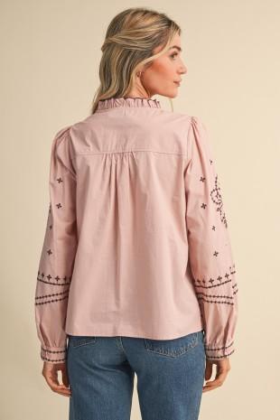 Embroidered Mock Neck Button Up Top