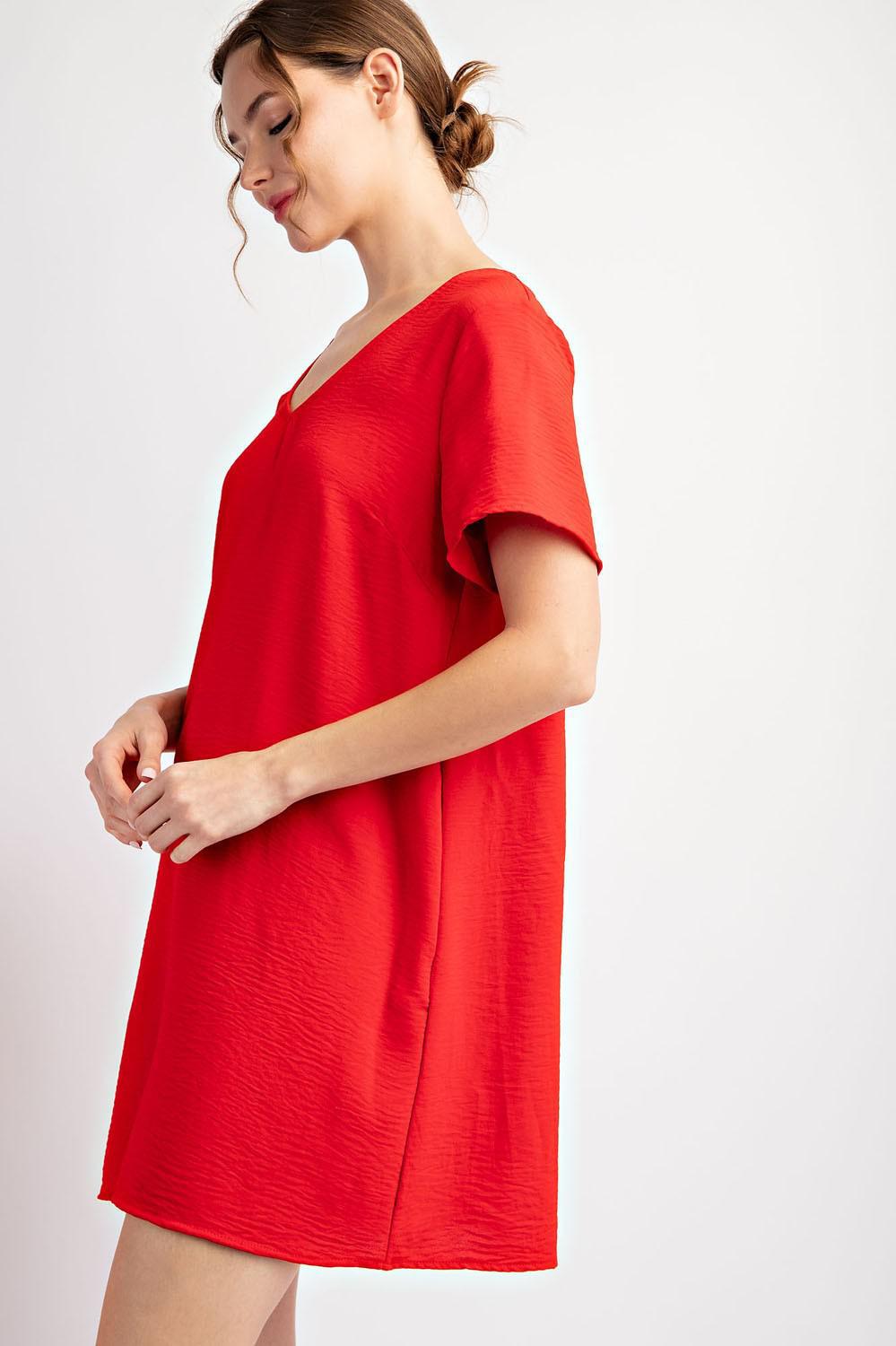 Solid Short Sleeve V-Neck Dress