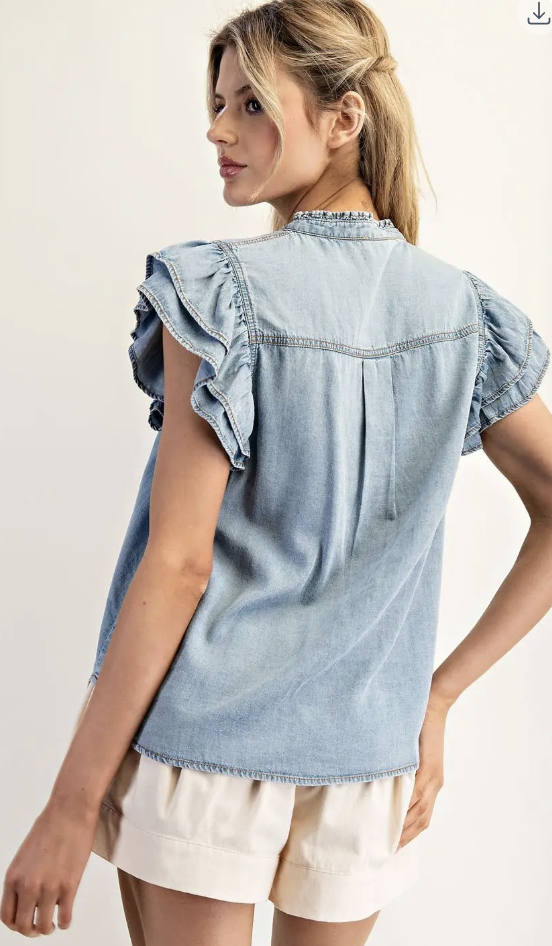 Washed Ruffle Trim Flutter Sleeve Chambray Blouse