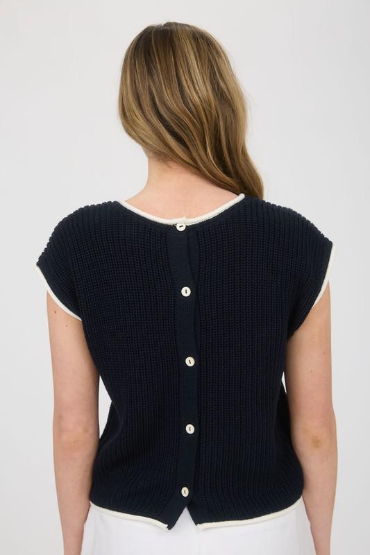 Contrast Trim Short Sleeve Knit Sweater Top-Navy