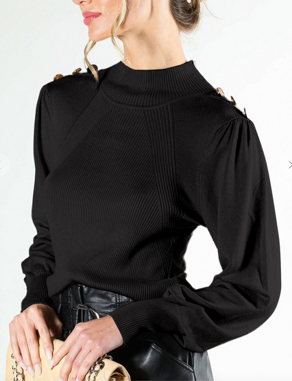 Long Puff Sleeve Button Detail Sweater - Black