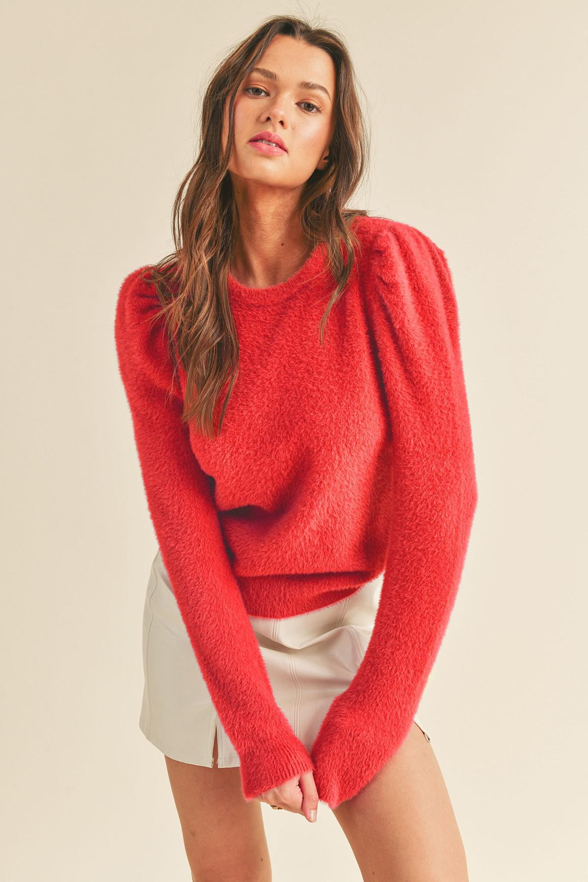Fuzzy Puff Sleeve Sweater - Red