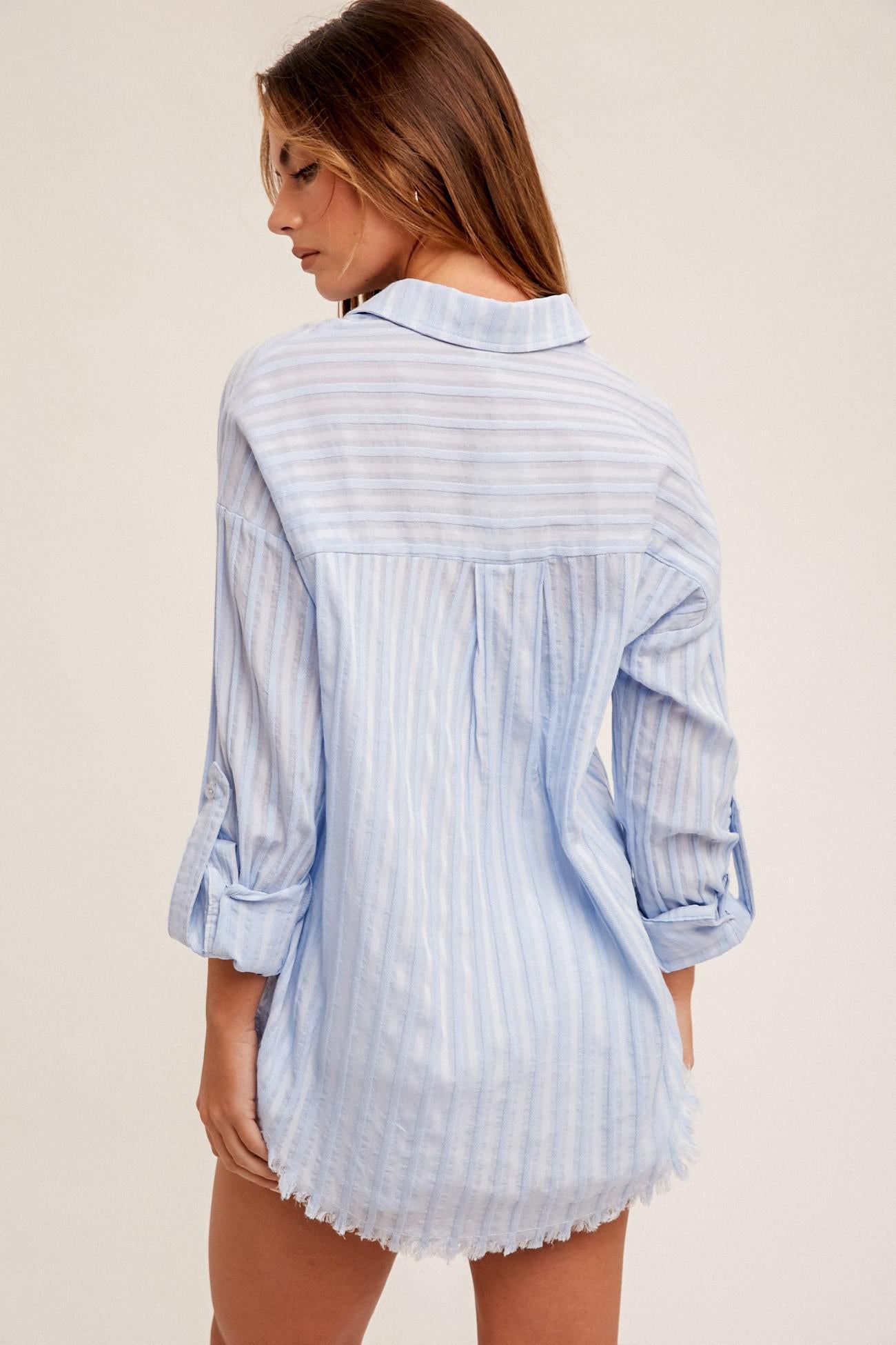 Striped Textured Fray Button Down Shirt