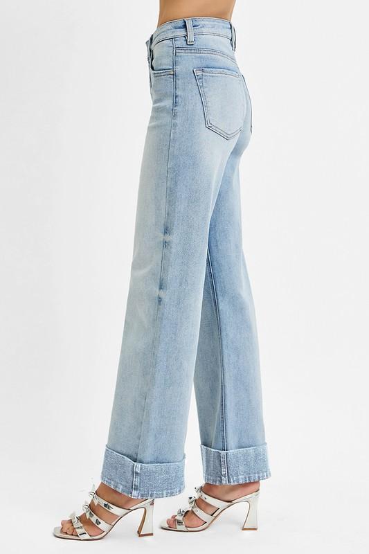 Risen TC High Rise Ankle Wide Cuffed Jeans-Light Wash